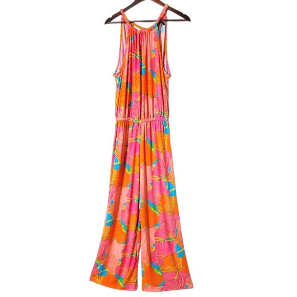 Trina Turk Juju Ginko Printed Jumpsuit Size L Pink Orange Flared Womens - Picture 1 of 11